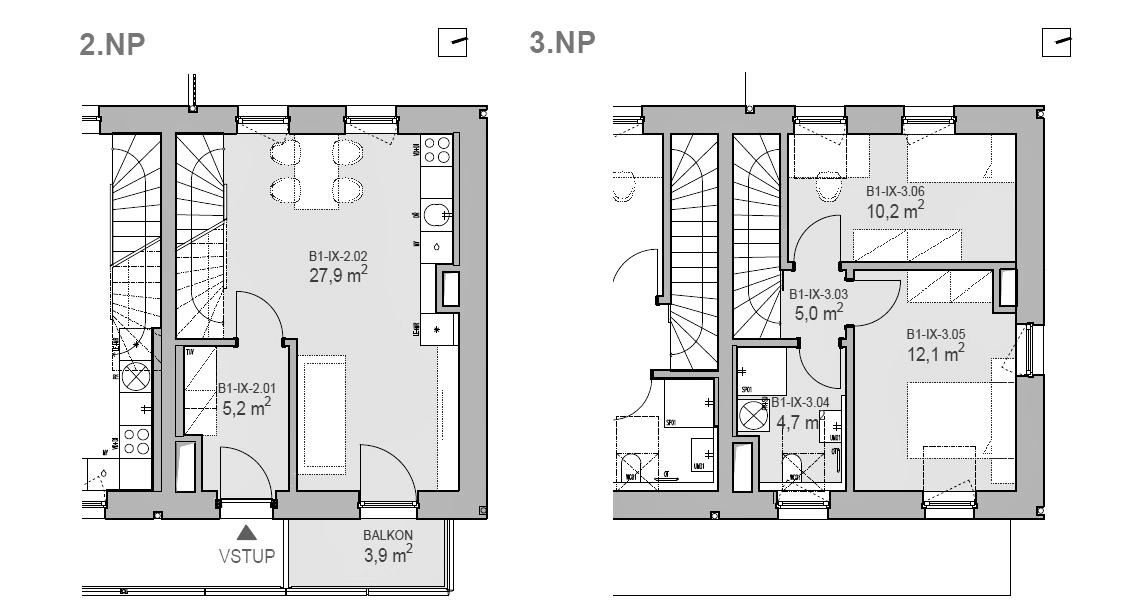 Mezonetový byt 3 pokoje a balkón B1-IX půdorys