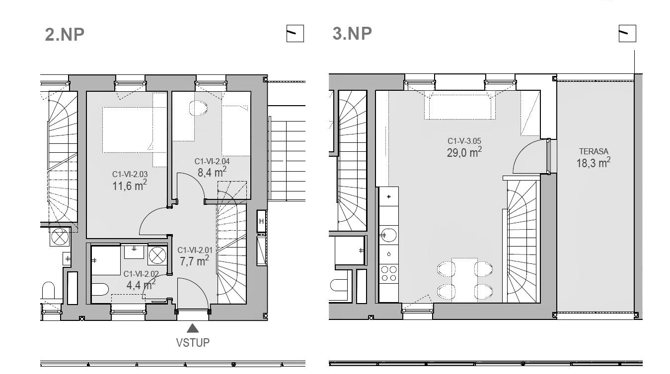 Mezonetový byt 3 pokoje s terasou C1-VI půdorys